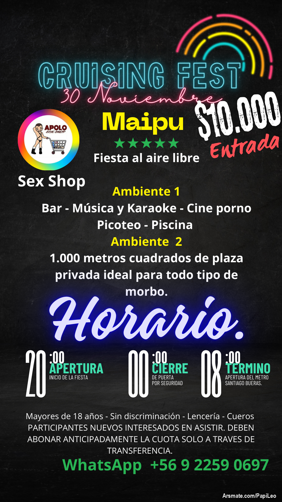 Nos espera el evento privado del año, #CruisingFest el morbo llego a Chile, y su primer encuentro será en Maipu, a pasos del metro Santiago Bueras. No te lo pierdas, encontrarás mucho morbo y Sex Shop Apolo, toda una noche entre hombres al aire libre. 

Te esperamos 😉. Morbo y discreción al máximo.