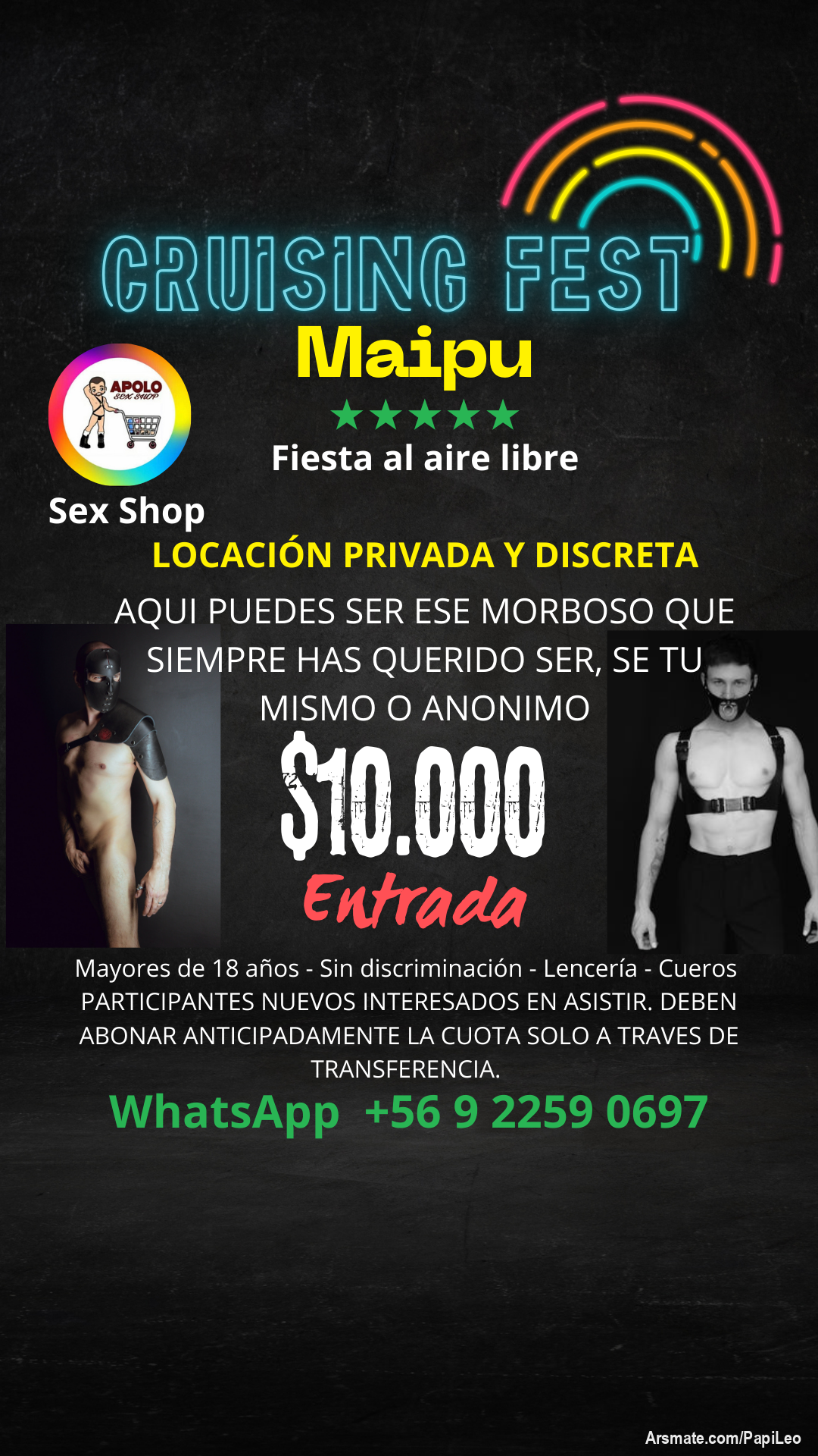 El mejor Cruising es nocturno, y estará en Maipu, a pasos del 🚇 metro Santiago Bueras, 12 horas de morbo Cruising, entre chicos 🏳️‍🌈

El 😈 morbo llego para que tú lo disfrutes, y no te quedes fuera. Solo 40 cupos disponibles, serás uno de ellos??

Contará con sex Shop 
Reserva por WhatsApp la entrada.