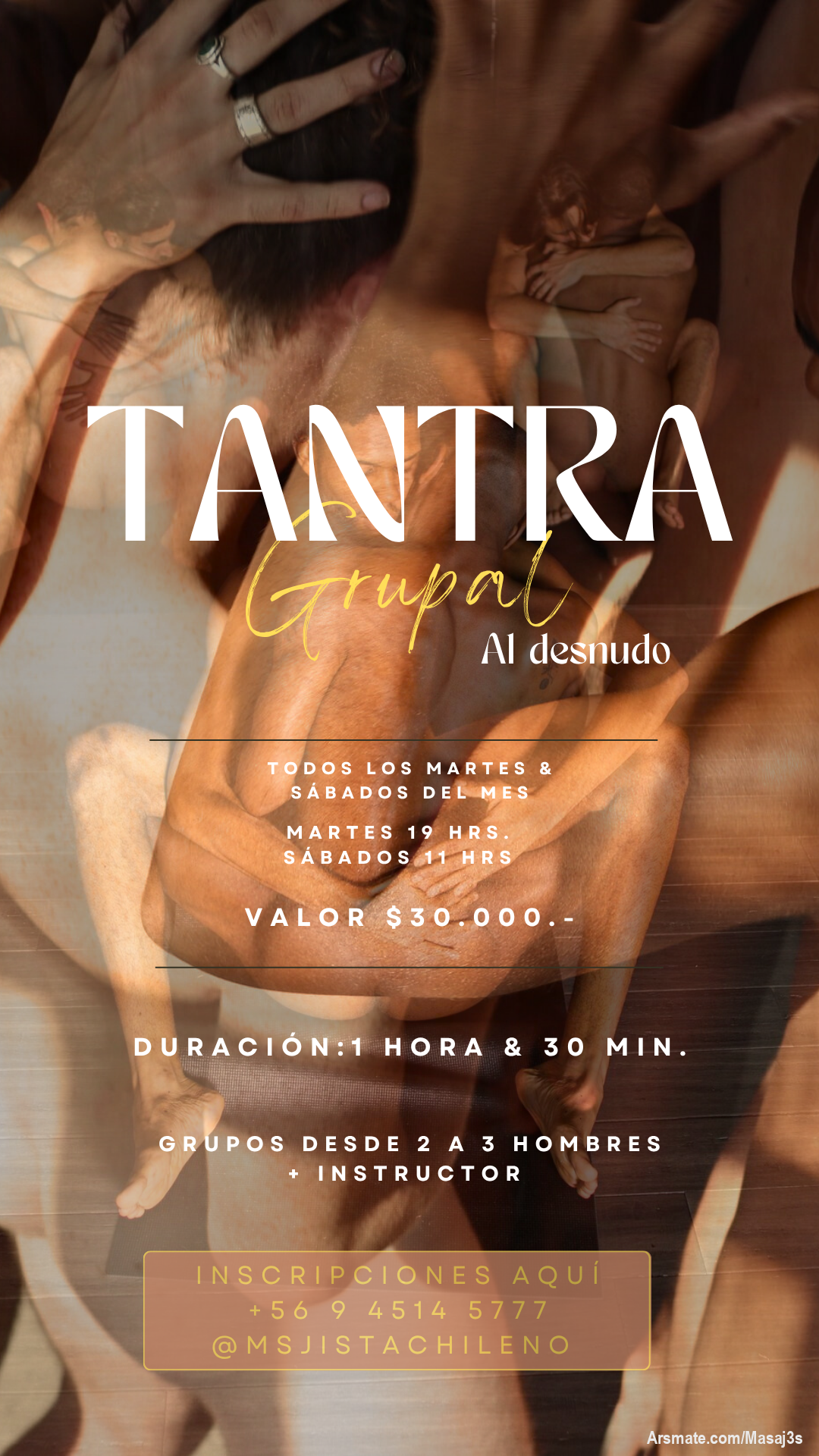 Atención por éxito del taller T A N T R A G R U P A L ✨️ y para su mejor coordinación al agendar va ir fijo todos los Martes y Sábados de cada Mes, solo se lleva a cabo si agendan 2 a 3 participantes conmigo serian sesiones de 3 a 4 personas.

Si estas preparado para vivir una experiencia al desnudo y vendado, que te lleva a lo estimulante y sensorial, este taller es para tí.

Que incluye:

✨️ Respiraciones guiadas + Mudras 🫳
✨️ Elongaciones grupales entre cuerpos
✨️ Asana grupal
✨️ Movimiento grupal 
✨️ Roces e interaciones
✨️ Sensorial vendados
✨️ Masaje LINGAM grupal (zona genital)
✨️ Meditación Tantra Masculina
✨️ Cierre

Mayor información ℹ️ Pdf enviado por correo o WhatsApp
+5694514577
Hay grupo en Telegram: https://t.me/+TMTt5HxUBHE0Yjcx