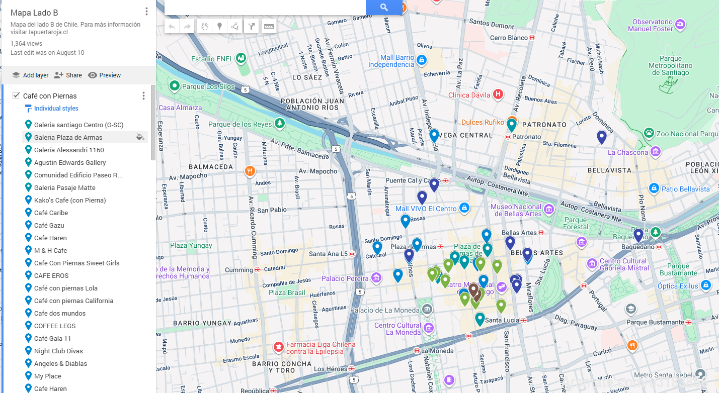 ¿Quieren un mapa de los café con piernas y night club de Chile? Adjunto el mejor mapa que he armado hasta el momento. Siempre faltan, pero de a poco lo voy completando. 
google.com/maps/d/u/5/edit?mid=1qWOgomOkDCms3ccrrUigOn8WF6lZHR0&ll=-33.435371495845544%2C-70.65006342405304&z=15