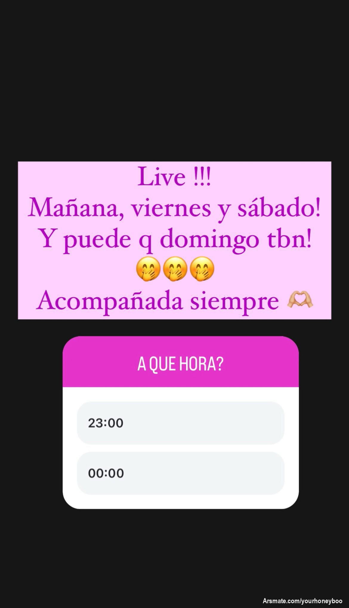Los espero mañana! Live acompañada 🔥🔥🔥
A q hora??
23:00 
00:00 ???