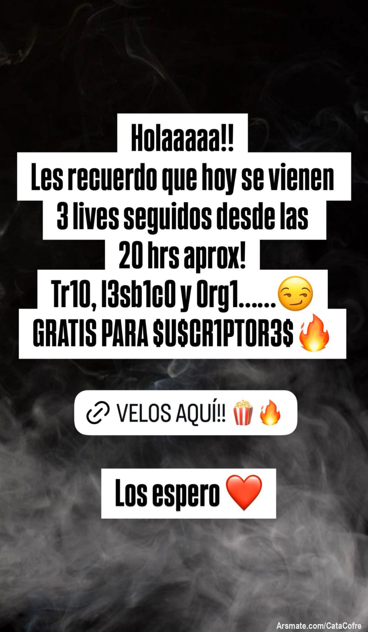 Los espero a todos hoy desde las 20 hrs aprox! LO PASAREMOS MUY BIEN 🔥
GRATIS PARA SUSCRIPTORES 🍿🍿
SERÁN 3 LIVES SEGUIDOS 🤭